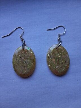 Hand Crafted Gold Glitter Oval Drop Earrings